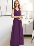 Olive A-Line V-neck Floor-Length Chiffon Junior Bridesmaid Dress With Ruffles STAP0013607