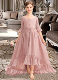 Asia A-Line Scoop Neck Asymmetrical Chiffon Junior Bridesmaid Dress With Bow(s) Cascading Ruffles STAP0013612