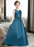 Faith Ball-Gown/Princess V-neck Floor-Length Satin Junior Bridesmaid Dress With Ruffle STAP0013613