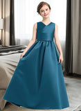 Faith Ball-Gown/Princess V-neck Floor-Length Satin Junior Bridesmaid Dress With Ruffle STAP0013613