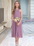 Kaelyn A-Line Halter Tea-Length Chiffon Junior Bridesmaid Dress With Ruffle STAP0013616