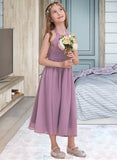 Kaelyn A-Line Halter Tea-Length Chiffon Junior Bridesmaid Dress With Ruffle STAP0013616