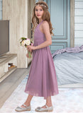 Kaelyn A-Line Halter Tea-Length Chiffon Junior Bridesmaid Dress With Ruffle STAP0013616