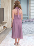 Kaelyn A-Line Halter Tea-Length Chiffon Junior Bridesmaid Dress With Ruffle STAP0013616