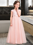 Guadalupe A-Line Scoop Neck Floor-Length Tulle Lace Junior Bridesmaid Dress With Bow(s) STAP0013619