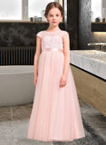 Guadalupe A-Line Scoop Neck Floor-Length Tulle Lace Junior Bridesmaid Dress With Bow(s) STAP0013619