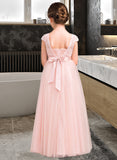 Guadalupe A-Line Scoop Neck Floor-Length Tulle Lace Junior Bridesmaid Dress With Bow(s) STAP0013619