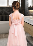 Guadalupe A-Line Scoop Neck Floor-Length Tulle Lace Junior Bridesmaid Dress With Bow(s) STAP0013619