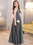 Audrey A-Line Scoop Neck Floor-Length Chiffon Junior Bridesmaid Dress With Ruffle Lace STAP0013625