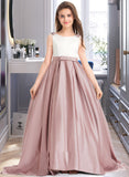 Angelina Ball-Gown/Princess Scoop Neck Sweep Train Satin Junior Bridesmaid Dress With Bow(s) Pockets STAP0013626