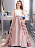 Angelina Ball-Gown/Princess Scoop Neck Sweep Train Satin Junior Bridesmaid Dress With Bow(s) Pockets STAP0013626