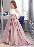 Angelina Ball-Gown/Princess Scoop Neck Sweep Train Satin Junior Bridesmaid Dress With Bow(s) Pockets STAP0013626