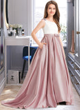 Angelina Ball-Gown/Princess Scoop Neck Sweep Train Satin Junior Bridesmaid Dress With Bow(s) Pockets STAP0013626