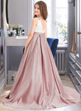 Angelina Ball-Gown/Princess Scoop Neck Sweep Train Satin Junior Bridesmaid Dress With Bow(s) Pockets STAP0013626