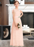 Harley A-Line Scoop Neck Floor-Length Lace Junior Bridesmaid Dress With Beading Bow(s) Cascading Ruffles STAP0013627