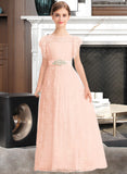 Harley A-Line Scoop Neck Floor-Length Lace Junior Bridesmaid Dress With Beading Bow(s) Cascading Ruffles STAP0013627