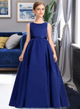 Ina Ball-Gown/Princess Scoop Neck Sweep Train Satin Junior Bridesmaid Dress With Bow(s) STAP0013628