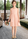 Carlie A-Line V-neck Knee-Length Chiffon Lace Junior Bridesmaid Dress With Cascading Ruffles STAP0013630