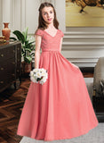 Kaylie A-Line V-neck Floor-Length Chiffon Lace Junior Bridesmaid Dress STAP0013634