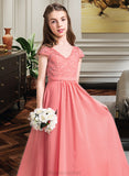 Kaylie A-Line V-neck Floor-Length Chiffon Lace Junior Bridesmaid Dress STAP0013634