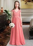 Kaylie A-Line V-neck Floor-Length Chiffon Lace Junior Bridesmaid Dress STAP0013634