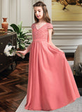 Kaylie A-Line V-neck Floor-Length Chiffon Lace Junior Bridesmaid Dress STAP0013634