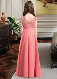 Kaylie A-Line V-neck Floor-Length Chiffon Lace Junior Bridesmaid Dress STAP0013634