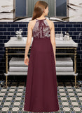 Janiah A-Line Scoop Neck Floor-Length Chiffon Lace Junior Bridesmaid Dress With Bow(s) STAP0013637