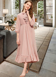 Elianna A-Line Scoop Neck Tea-Length Chiffon Junior Bridesmaid Dress With Bow(s) Cascading Ruffles STAP0013638