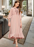 Elianna A-Line Scoop Neck Tea-Length Chiffon Junior Bridesmaid Dress With Bow(s) Cascading Ruffles STAP0013638