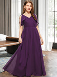 Alisa A-Line V-neck Floor-Length Chiffon Junior Bridesmaid Dress With Bow(s) Cascading Ruffles STAP0013639