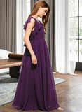 Alisa A-Line V-neck Floor-Length Chiffon Junior Bridesmaid Dress With Bow(s) Cascading Ruffles STAP0013639