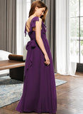 Alisa A-Line V-neck Floor-Length Chiffon Junior Bridesmaid Dress With Bow(s) Cascading Ruffles STAP0013639