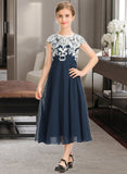 Kendra A-Line Scoop Neck Tea-Length Chiffon Lace Junior Bridesmaid Dress STAP0013643