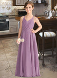 Savannah A-Line V-neck Floor-Length Chiffon Junior Bridesmaid Dress With Cascading Ruffles STAP0013644