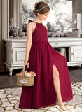 Julie A-Line Scoop Neck Floor-Length Chiffon Lace Junior Bridesmaid Dress With Split Front STAP0013645