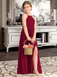 Julie A-Line Scoop Neck Floor-Length Chiffon Lace Junior Bridesmaid Dress With Split Front STAP0013645