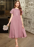 Gwendoline A-Line Scoop Neck Tea-Length Chiffon Lace Junior Bridesmaid Dress STAP0013648