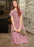 Gwendoline A-Line Scoop Neck Tea-Length Chiffon Lace Junior Bridesmaid Dress STAP0013648