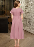 Gwendoline A-Line Scoop Neck Tea-Length Chiffon Lace Junior Bridesmaid Dress STAP0013648