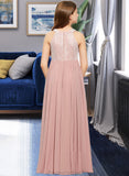 Amirah A-Line Scoop Neck Floor-Length Chiffon Lace Junior Bridesmaid Dress With Sequins STAP0013655