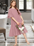 Kayla A-Line Scoop Neck Knee-Length Chiffon Junior Bridesmaid Dress With Cascading Ruffles STAP0013656