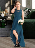 Ryleigh A-Line Scoop Neck Asymmetrical Chiffon Lace Junior Bridesmaid Dress STAP0013661