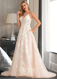 Shayla Ball-Gown/Princess V-neck Court Train Tulle Lace Wedding Dress With Beading Pockets STAP0013679