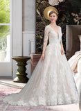 Jill Ball-Gown/Princess V-neck Chapel Train Tulle Wedding Dress STAP0013735