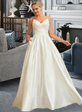 Jadyn Ball-Gown/Princess V-neck Sweep Train Satin Lace Wedding Dress With Lace Beading Sequins Pockets STAP0013771