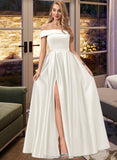 Pauline Ball-Gown/Princess Off-the-Shoulder Floor-Length Satin Wedding Dress With Split Front Pockets STAP0013774