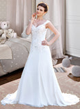 Melinda A-Line V-neck Court Train Chiffon Wedding Dress With Lace Beading Sequins STAP0013776