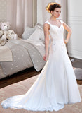 Melinda A-Line V-neck Court Train Chiffon Wedding Dress With Lace Beading Sequins STAP0013776