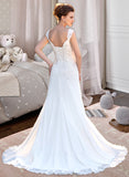 Melinda A-Line V-neck Court Train Chiffon Wedding Dress With Lace Beading Sequins STAP0013776